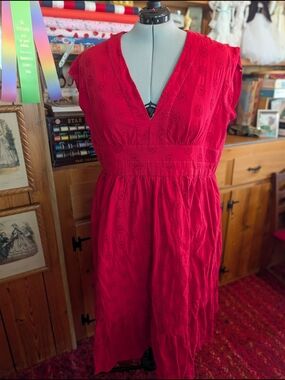 Handmade Red V-Neck Cotton Eyelet Ruffle Sundress